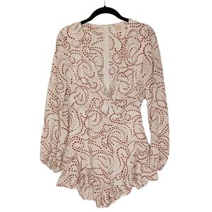 ALIVE GIRL Red Heart Swirl Print Long Sleeve Ruffle Hem V Neck Romper 8 Medium